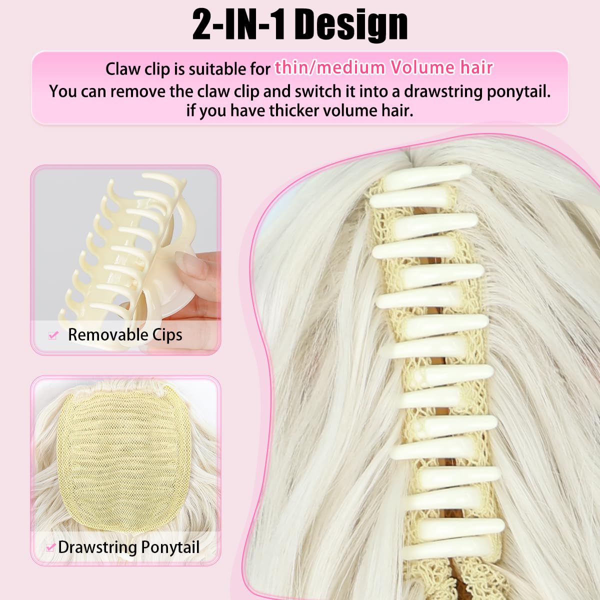 Ponytail Extension, 26 Inch Claw Clip Ponytail Extension Long Wave Ponytail Extensions for Women Fluffy Natural Synthetic Hairpiece for Daily Use(Color:Platinum Blonde)
