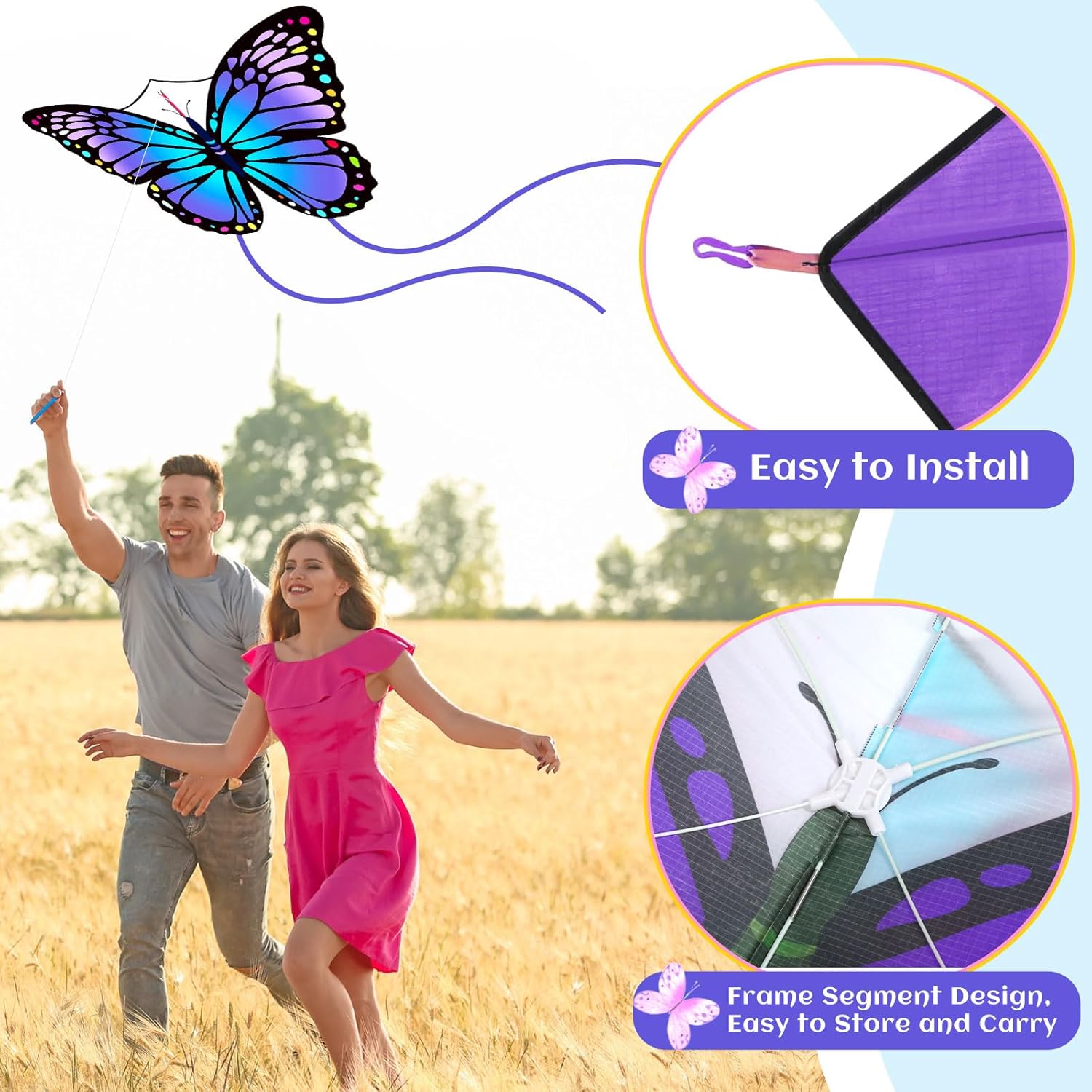 Silipull 3 Pcs Butterfly Kite 55 x 28 Large Kites with 328ft Kite String Beach Colorful Kites for Adults Beginner Outdoor Supplies