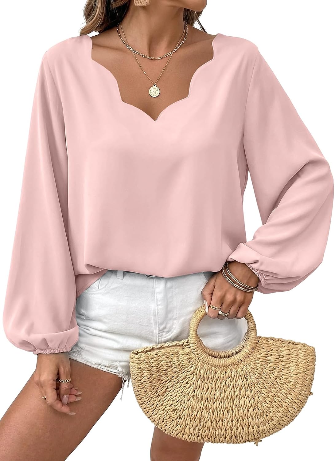 Astylish Women's Scalloped V Neck Ruffle Blouse Lantern Sleeves Tops Chiffon Office Work Trendy Dressy Blouses Shirts