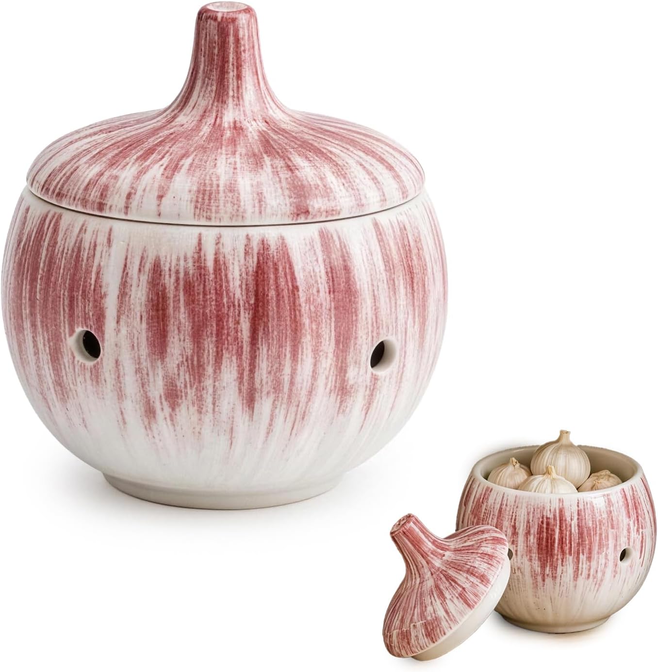 Brush Glaze Ceramic Garlic Container Keeper Holder Counter Storage Pot Kitchen Pantry Farmhouse Dining Table Countertop Organizer