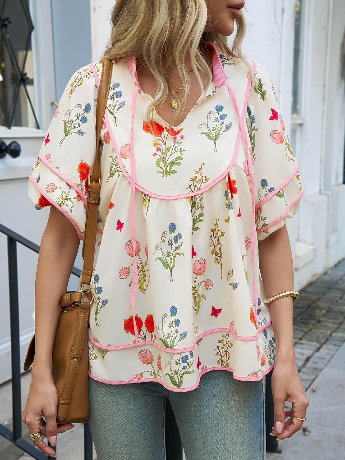 Cicy Bell Womens Summer Floral Babydoll Tops V Neck Short Lantern Sleeve Shirts Cute Loose Fit Flowy Blouses - Image 4