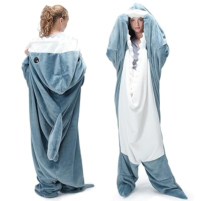 Touchat Shark Blanket for Adult Super Soft Cozy Flannel Throw Wearable Blanket, Cartoon Animals Blanket Hoodie, Sleeping Bag Cosplay Shark Costume Gifts for Shark Lovers (Blue,L)