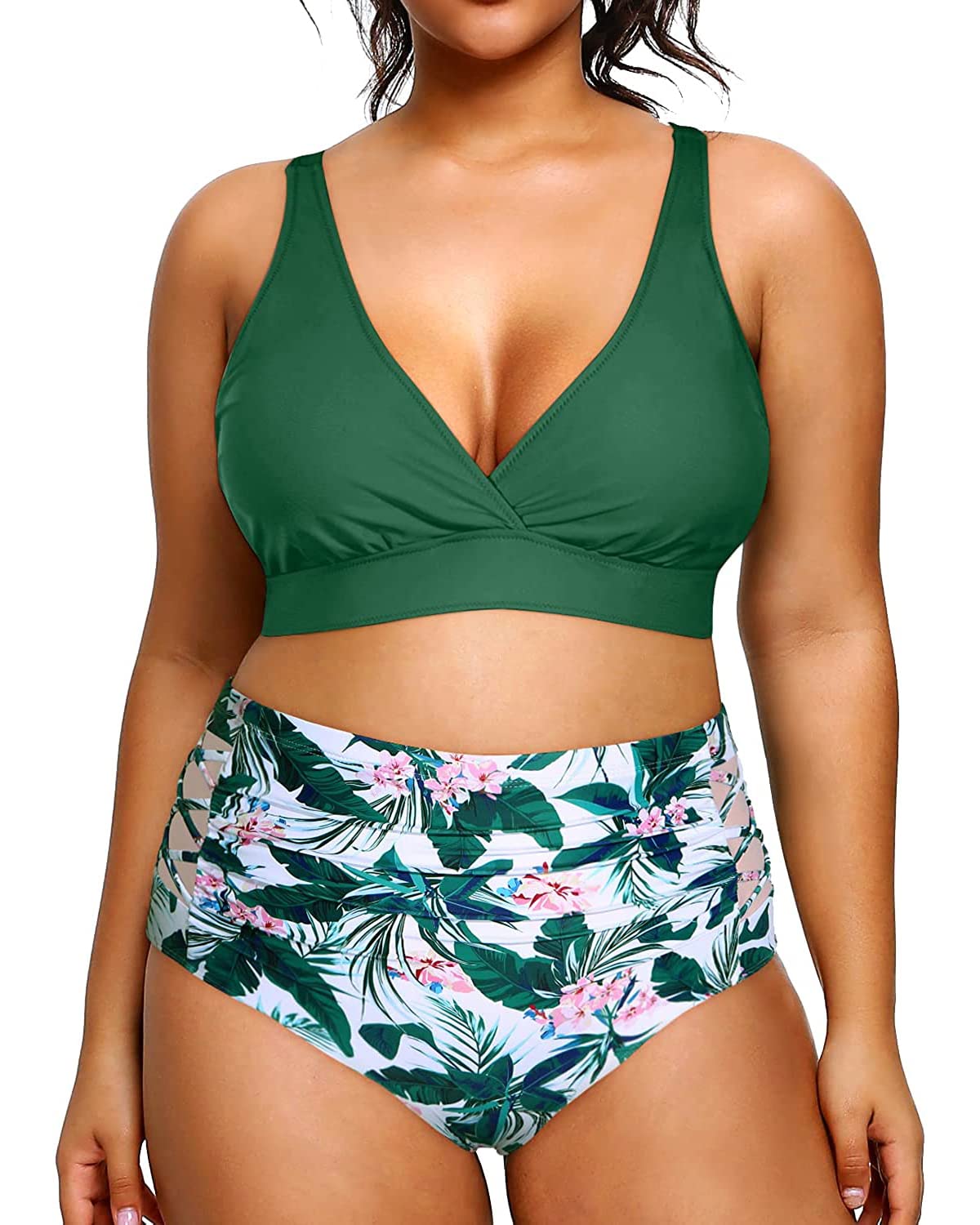 Yonique Womens Plus Size Bikini High Waisted Swimsuits Two Piece Bathing Suits Tummy Control Swimwear Green and Flowers 18Plus