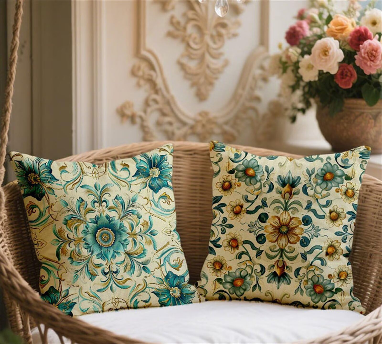 Poduszki Sofa 80x80cm Poduszki Zewnętrzne Wodoodporne Pościel Kwadratowa Poszewka Na Poduszkę Turkusowy Dwustronny Nadruk, Sofa Taras Ogród Wiosna Jesień Dekoracyjne, Prezenty, Vintage Zestaw 2 Y-919