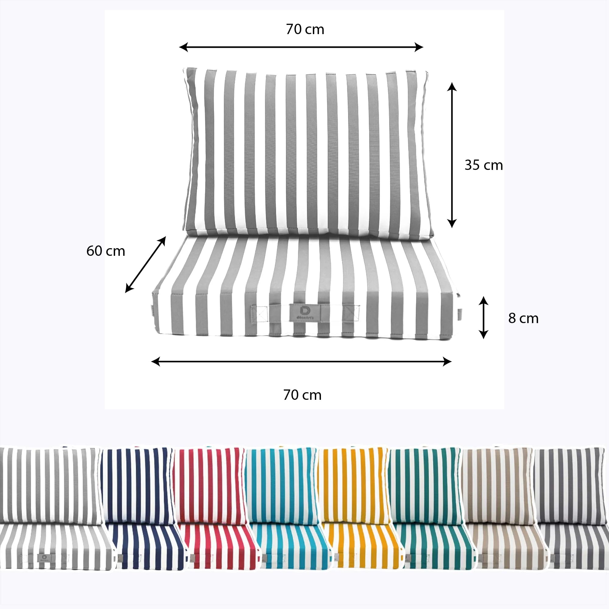 Déco Arts — 2er Set Gartenmöbel-Kissen Abnehmbar 70x60 XL — Sitz 70x60 + Rücken 70x35 cm — Wasserdicht UV-beständig — Ersatz für Gartenmöbel Terrasse Balkon Wintergarten — Gestreift Hellgrau