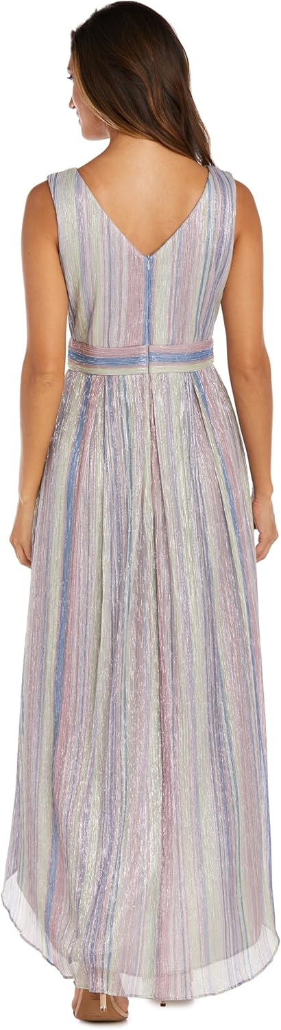 R&M Richards Women's Elegant Metallic Crinkle High-Low Gown | Flowy Sleeveless Evening Dress W/Rhinestone Waistband & V-Neck - Image 3