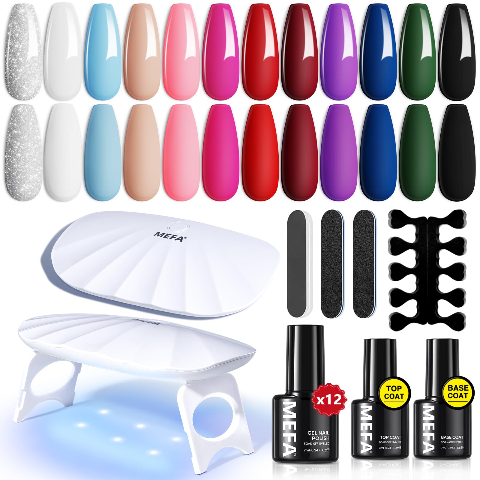 19 Pcs Gel Nail Polish Kit with U V Light, 12 Colors All Seasons Soak Off Gel Polish Nail Set with Base Top Coat Essential Manicure Tools Beginners Salon Nails Art DIY