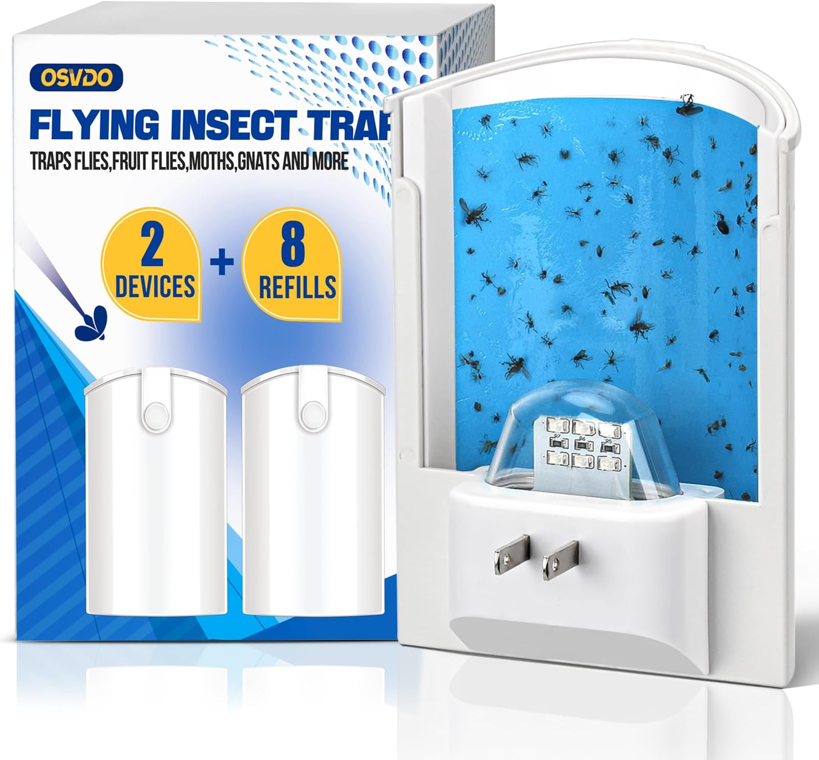 OSVDO 2-Pack Indoor Flying Insect Traps with 8 Refills, UV Light Bug Catcher for Flies, Gnats, Moths, 30-Day Sticky Pads, Silent Fly Catcher for Home