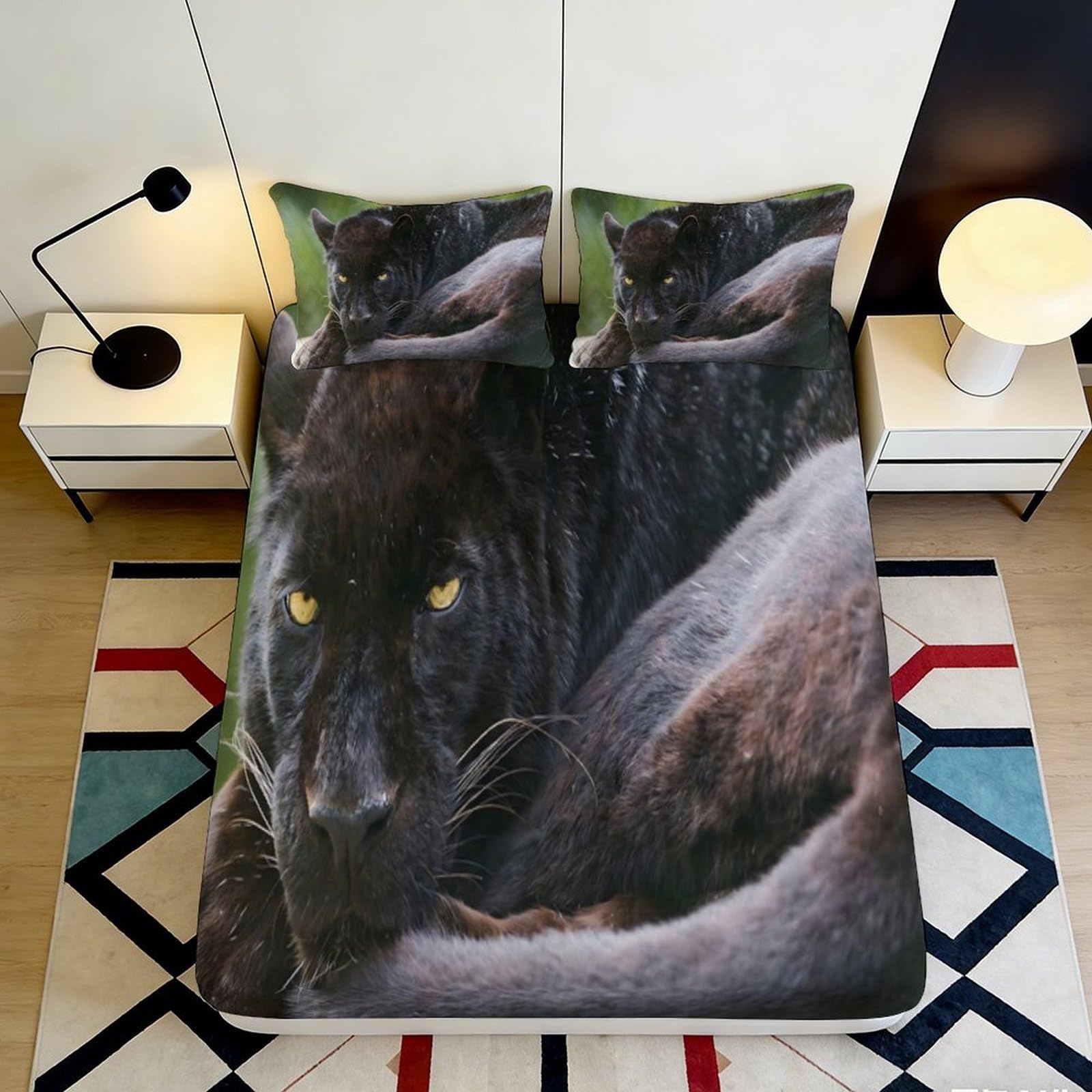 3D Printed Black Panther Fitted Sheet Microfiber Soft Durable Wild Animal Bed Cover for Bedroom Dormitory Guest Room Mattress Protection 200x200x25cm