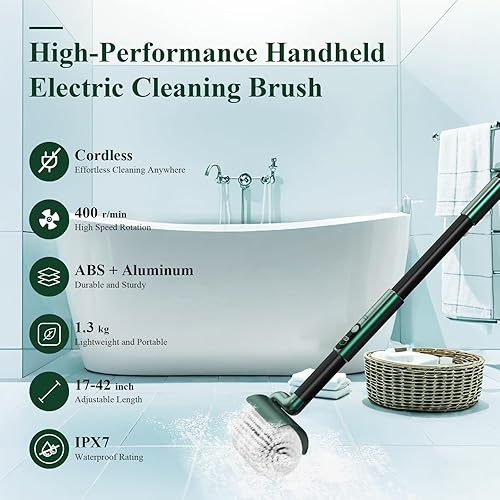 Miniatura 5 de Minthouz Limpiador eléctrico giratorio  74 W de alta potencia, rotación de doble velocidad (350-450 RPM), poste extensible de 42 pulgadas, pantalla