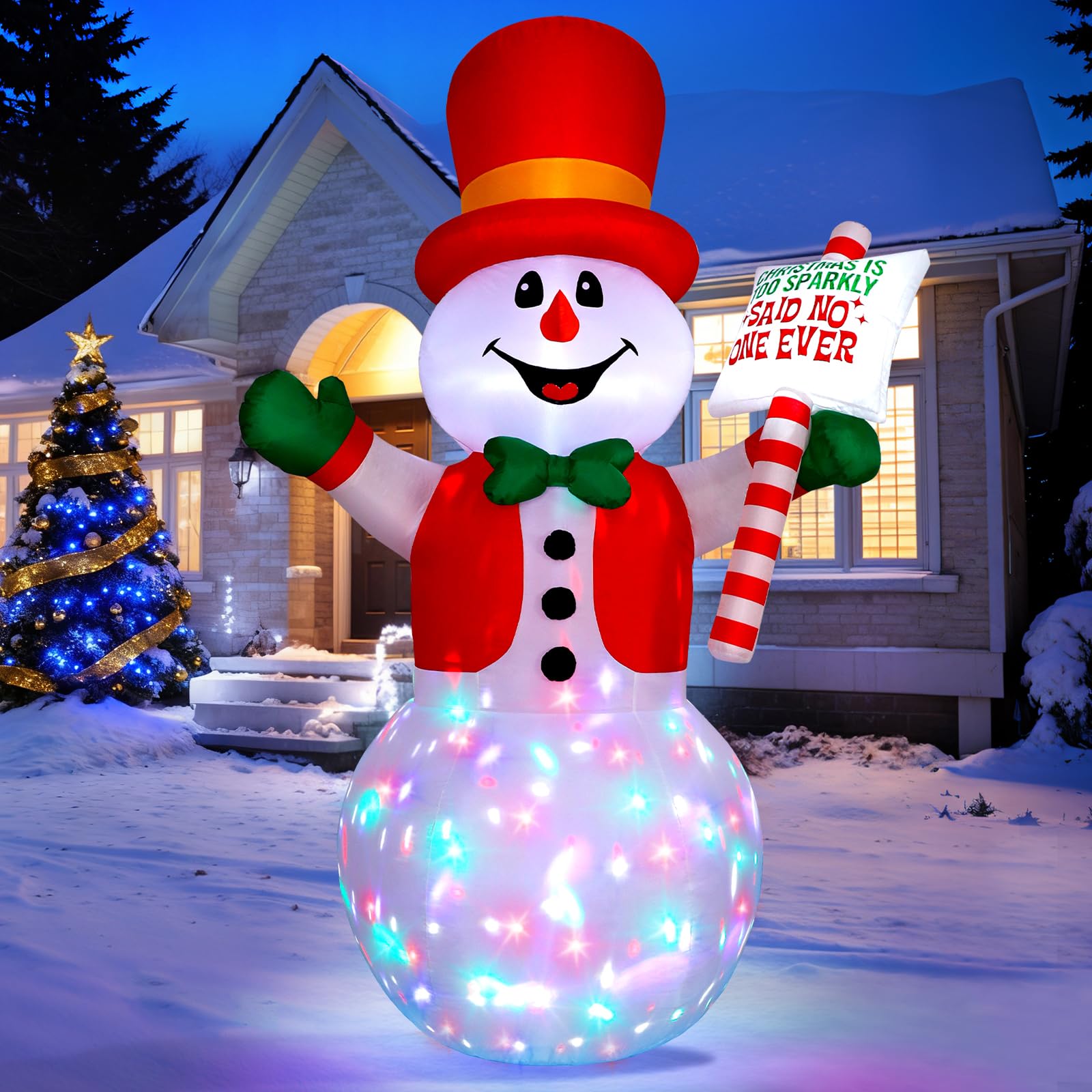 244CM Muñeco de Nieve Inflable, Muñeco de Nieve Inflable de Navidad con Luces LED Giratorias Coloridas, Decoración Navideña Hinchable para Césped Jardín Exterior Interior Navidad Fiesta