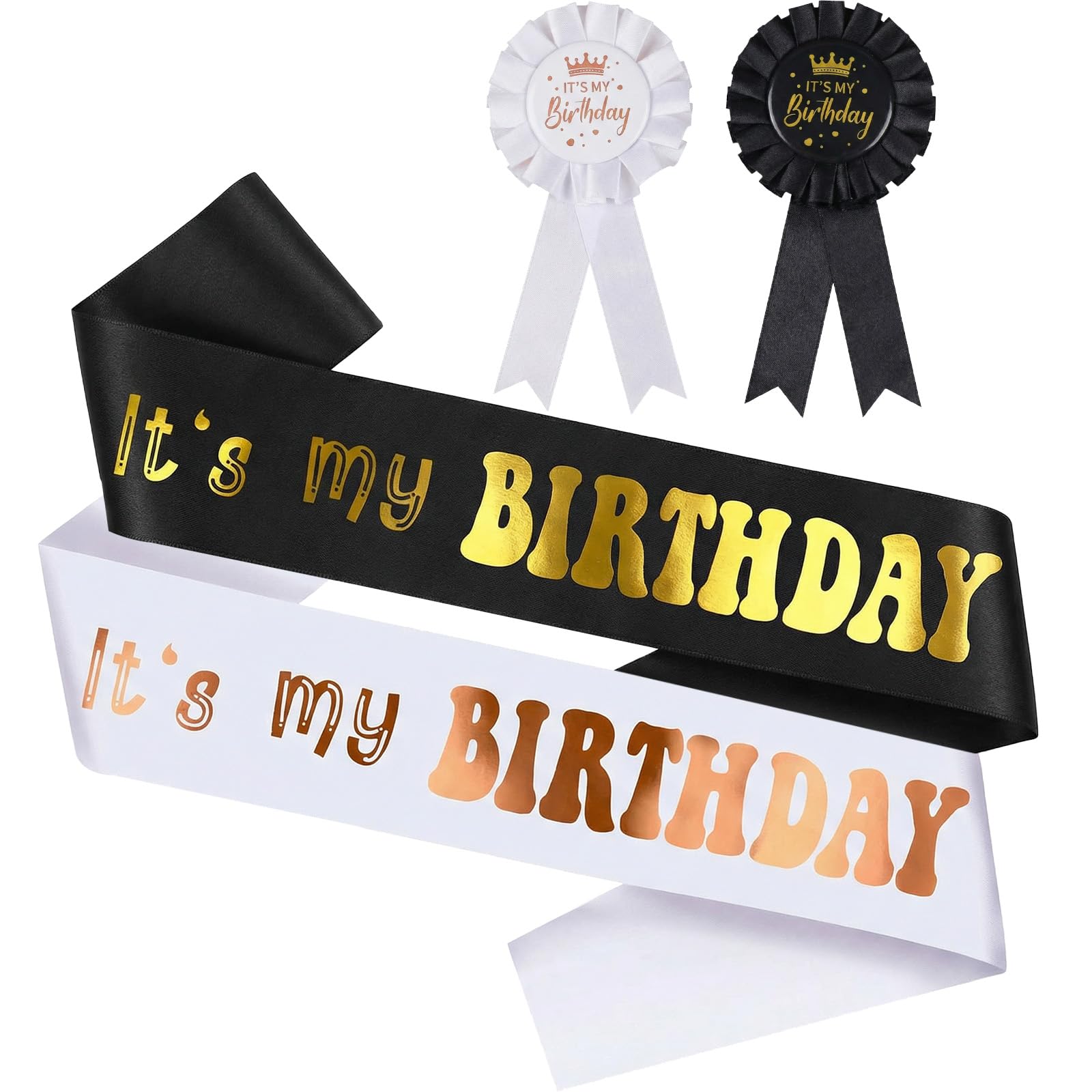 Birthday Sash and Brooch Pin Set, 2 Pack Black and White Birthday Sash with Its My Birthday Badge, Happy Birthday Party Decoration Accessory for Women Men Girls Boys Celebration