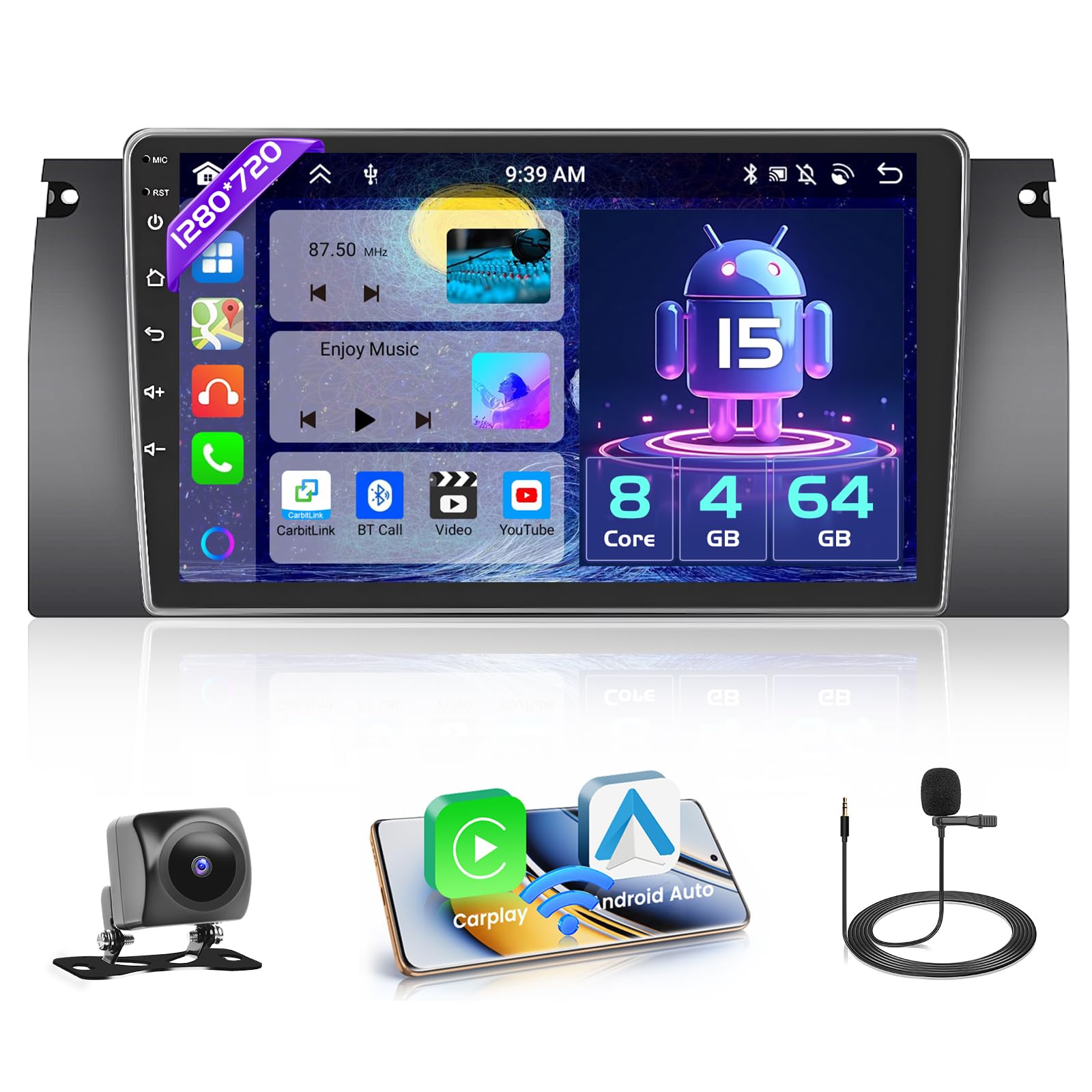 HIkity [8 Core 4+64GB] Android 15 Autoradio, Carplay Android Auto sans Fil, pour BMW E39 E53 M5 X5 1996-2007 Radio, Hikity Écran Tactile 9’’ Bluetooth Stéréo Mirror Link GPS WiFi SWC USB
