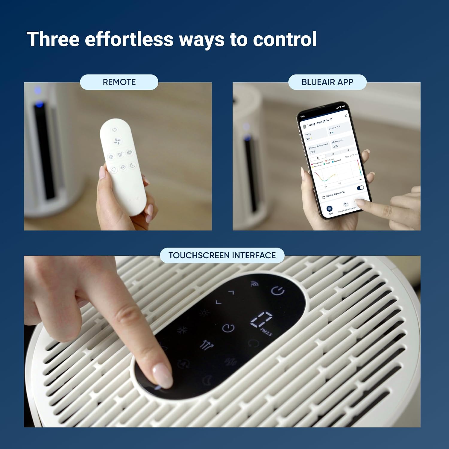 BLUEAIR ComfortPure T10i oscillating, with a smartphone screen showing oscillation angle settings.