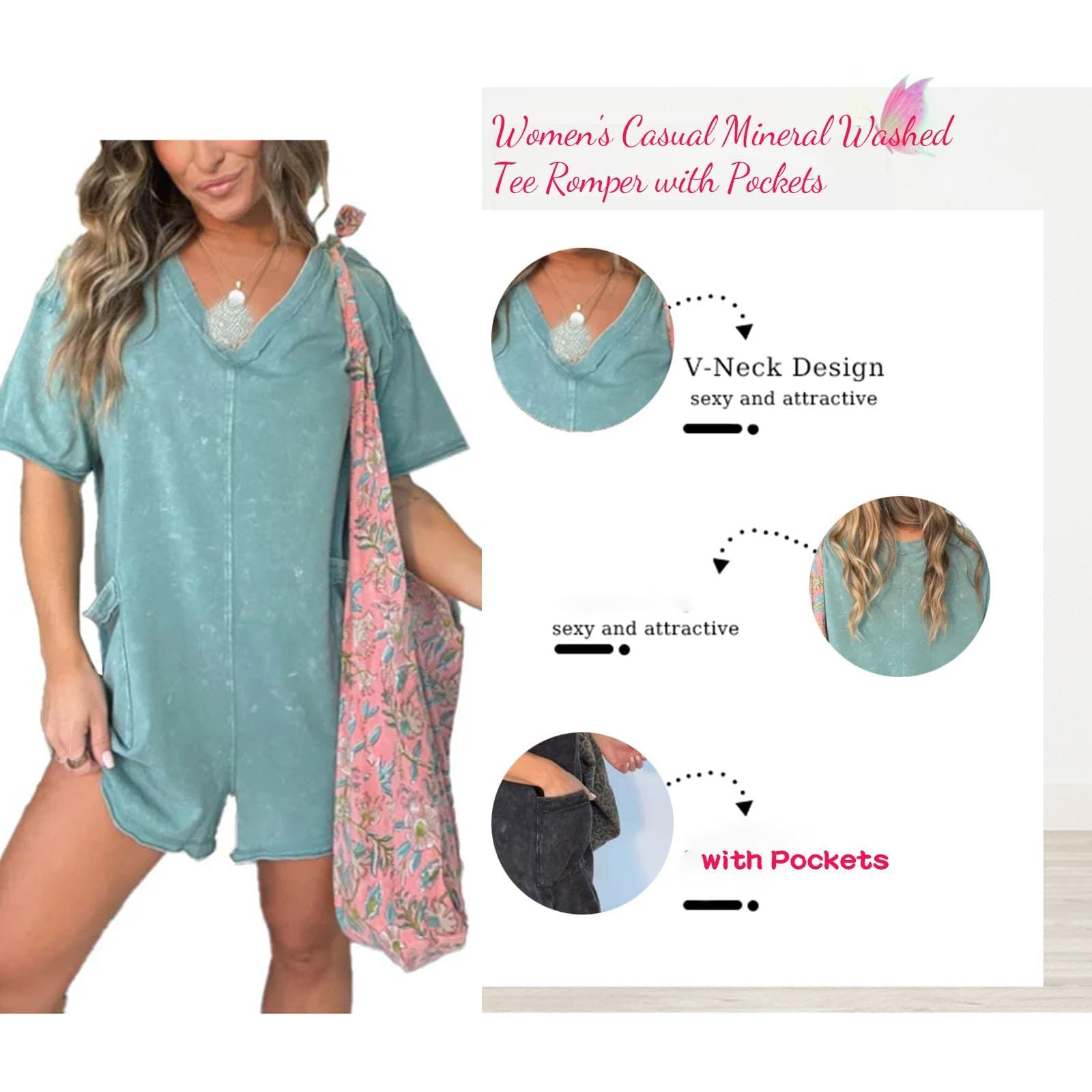 Générique Combishort décontracté pour femme, effet délavé minéral et poches — Combishort style T-shirt pour l'été, coupe oversize, idéal pour le sport et l'entraînement.
