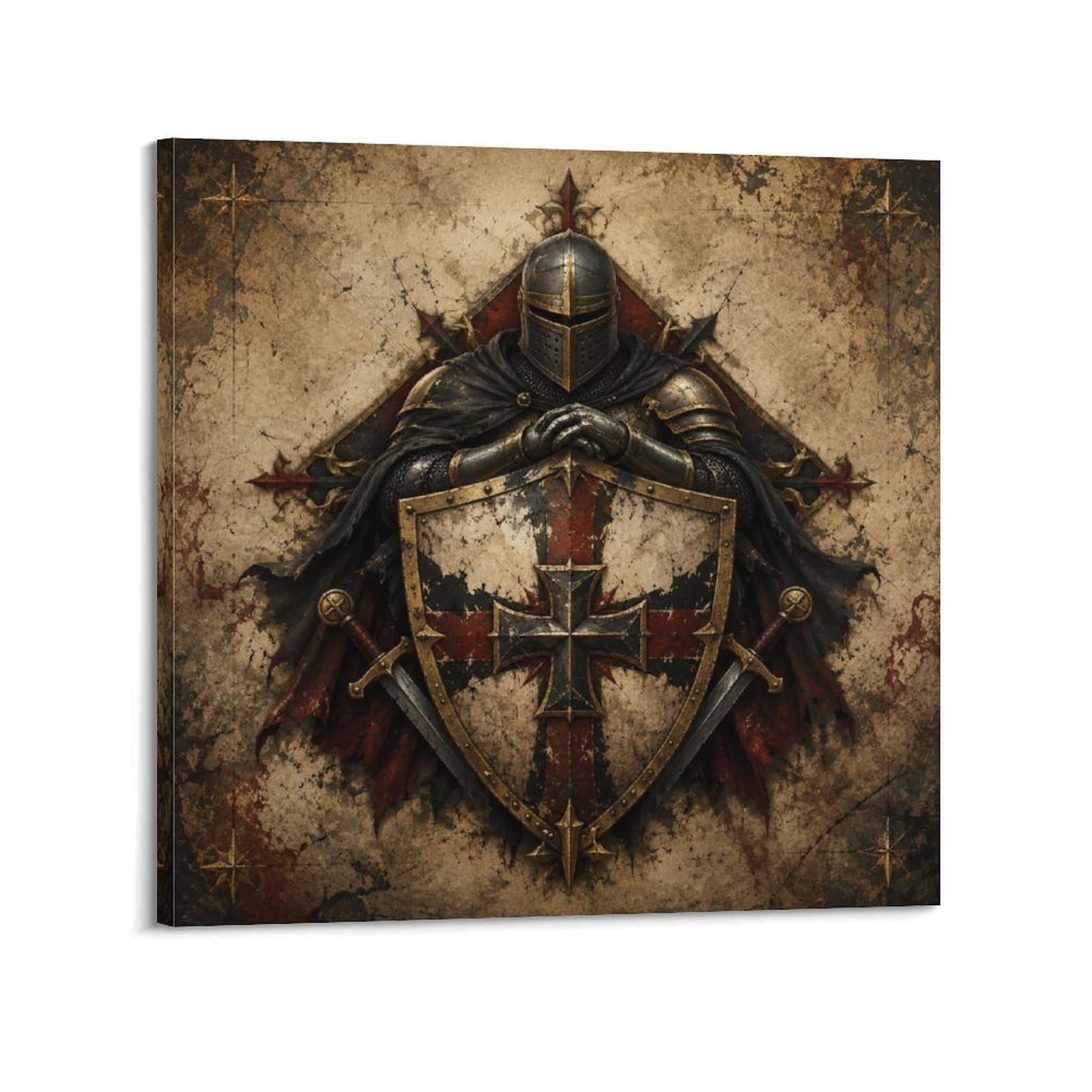 XKUGA Heraldic Red Black Poster Cross Shield Medieval Knight Armor Modern Decorative Canvas Prints - Ideal Wall Art for Family, Man Cave, Game Room, Boys & Girls Bedroom 20x20inch(50x50cm)