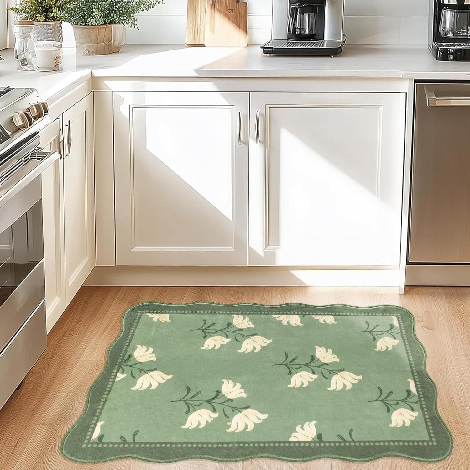 Scalloped Floral Entryway Rug, 2x3 Soft Non-Slip Indoor Door Mat Ultra Thin Washable Kitchen Rugs, Sage Green Vintage Farmhouse Small Low-Pile Throw Rugs for Entrance Bathroom Bedroom