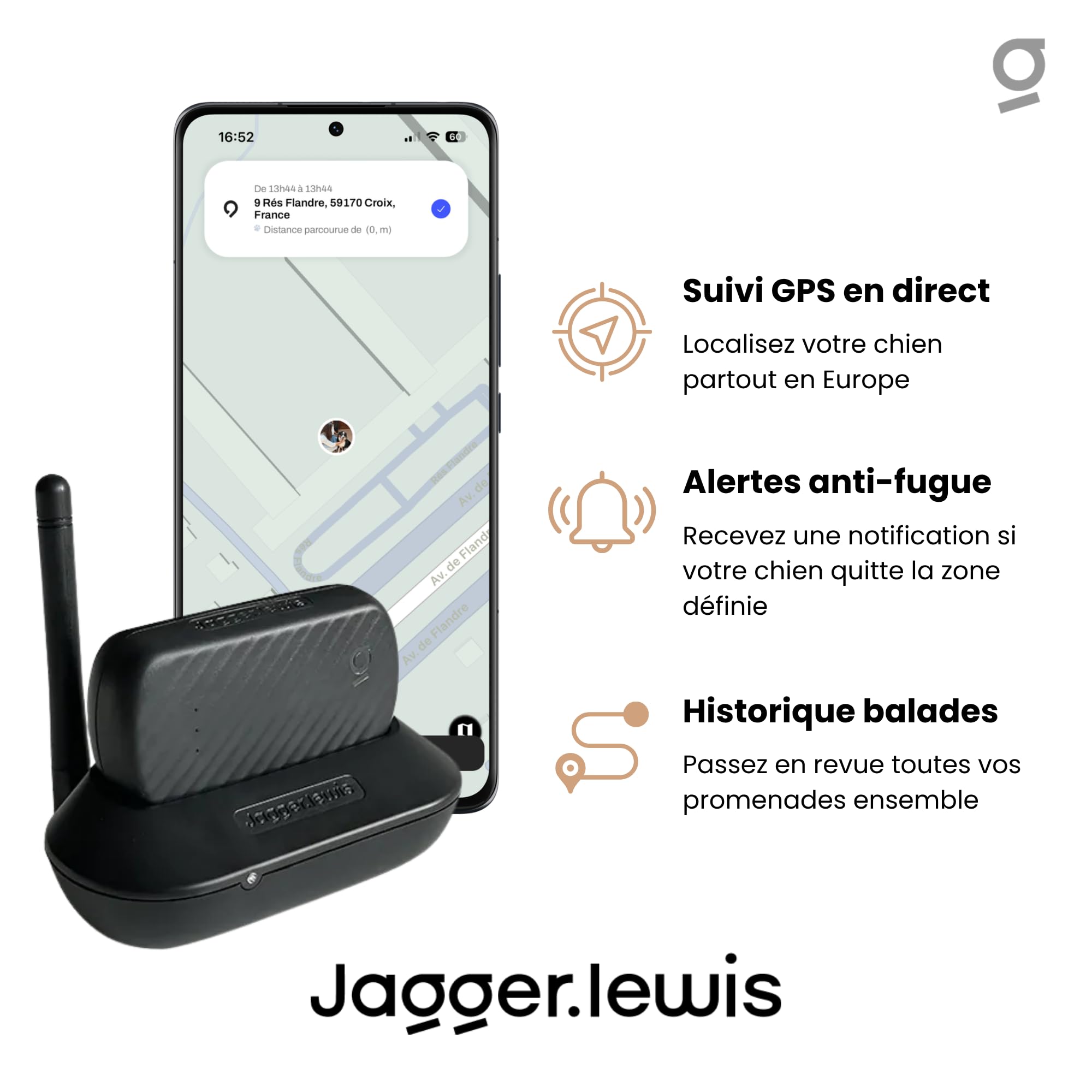 Jagger Lewis GPS pour Chien sans Abonnement | Localisation GPS en Direct | Alertes Anti-Fugue | Suivi Activité et Bien-Être | Application iOS et Android (Charbon, avec Smartdock)