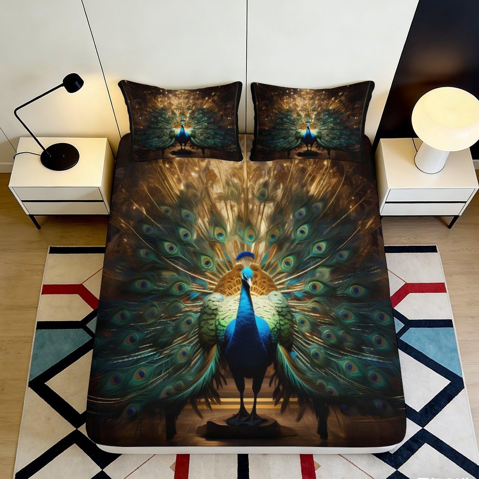 3D Printed Peacock Fitted Sheet Microfiber Soft Breathable Feather Bed Cover for Bedroom Dormitory Guest Room Mattress Protection Decor 120x200x25cm