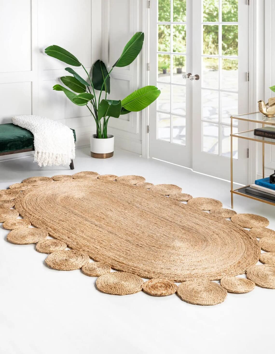 Tappeto in iuta 100% naturale, intrecciato a mano, design cerchio, ovale, per soggiorno, 60 x 120 cm