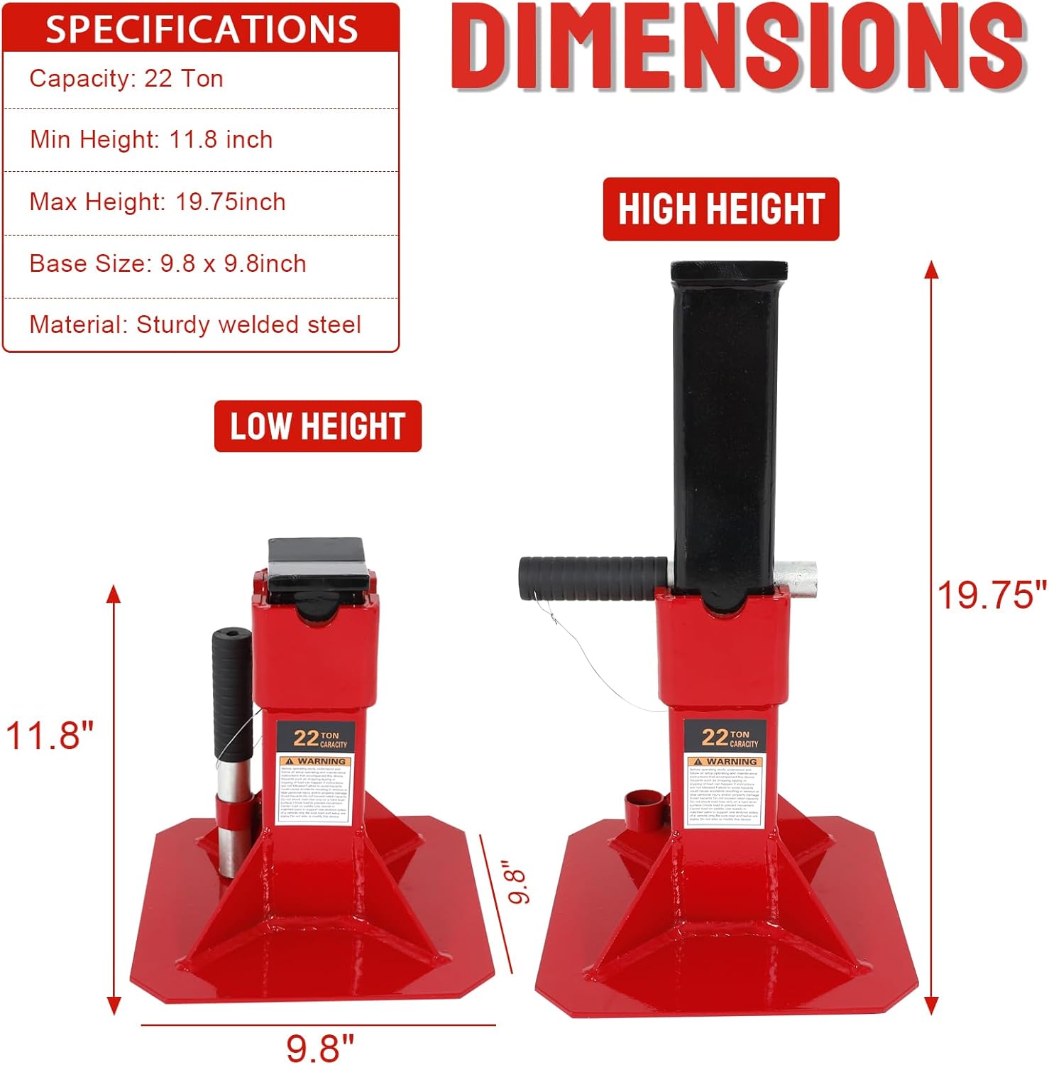 Heavy Duty Pin Type Car Jack Stands with Lock Adjustable Height to 19.75" Fit for Supporting Car SUV, Truck, Pick Up, Trailers and Equipment，22 Ton (44,000 lb) Capacity, Red, 1 Pair