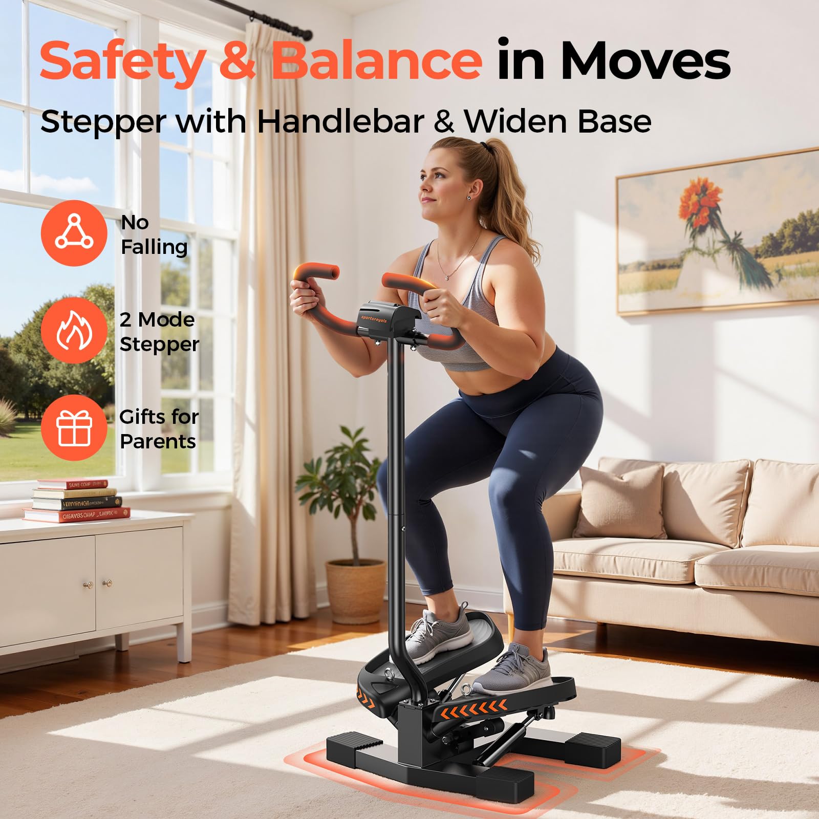 Sportsroyals Stepper Fitness 3in1 | Mini Stepper Fitness Casa con Bande di Resistenza + Monitor LCD, 150 kg