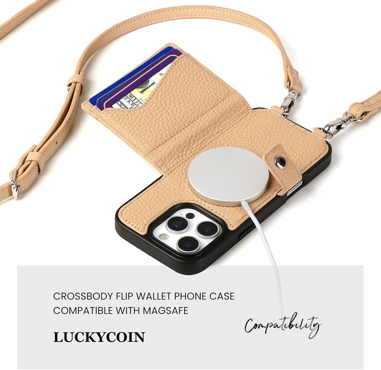 LUCKYCOIN Crossbody Wallet Phone Case for iPhone 16 Pro, Compatible with MagSafe, 100% Genuine Leather Magnetic Phone Case with RFID-Blocking Card Holder, Phone Purse with Adjustable Strap - Beige