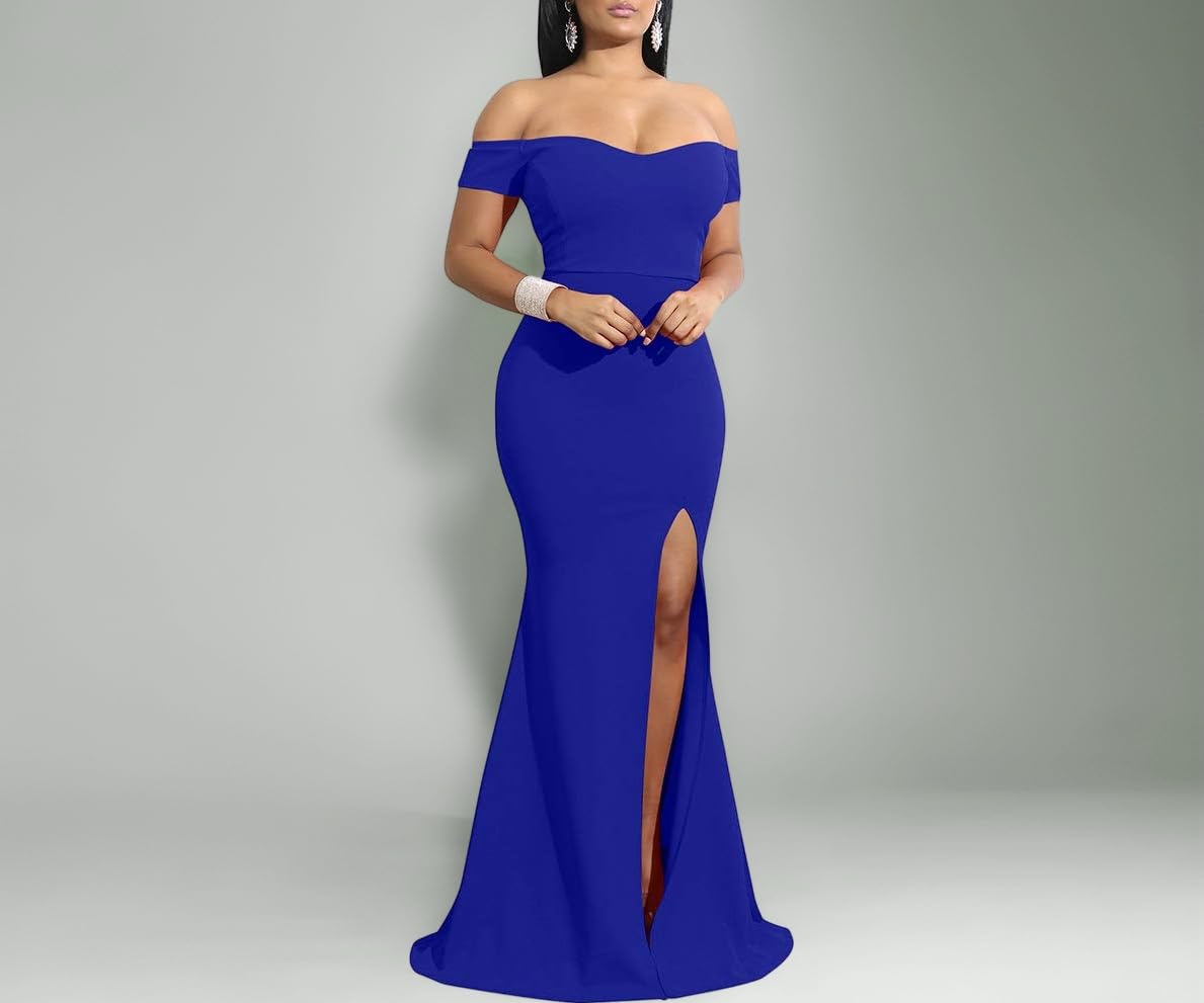 YMDUCH Women's Off Shoulder High Split Long Formal Party Dress Evening Gown Royal Blue