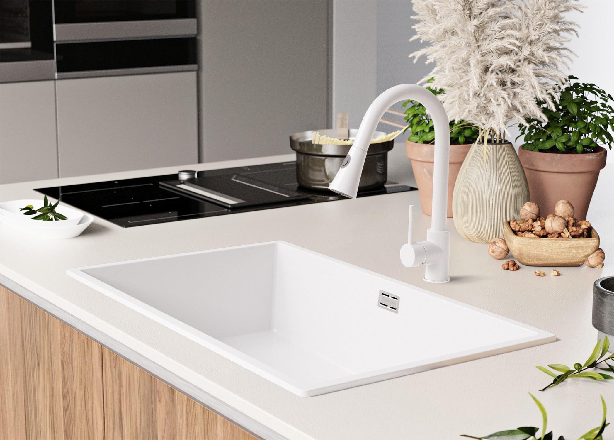 PRIMAGRAN Lavello da Cucina Bianco 76x47cm, Lavandino in Granito a 1 vasca + Sifone Classico, Lavabo da Cucina Incasso al Mobile 80cm - London Slim S478