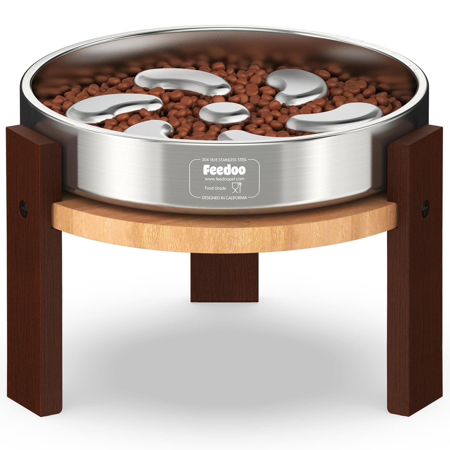 Feedoo Elevated Dog Bowl Stand, 7'' Height Raised Stand for Large Dogs, Includes 3Cups Stainless Steel Slow Feeder Dog Bowl, Durable Solid Hardwood
