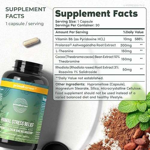 Miniatura 2 de Primal Harvest Suplemento para aliviar el estrés para mujeres y hombres, extracto puro de raíz de ashwagandha, suplementos de L-teanina, 60 cápsulas