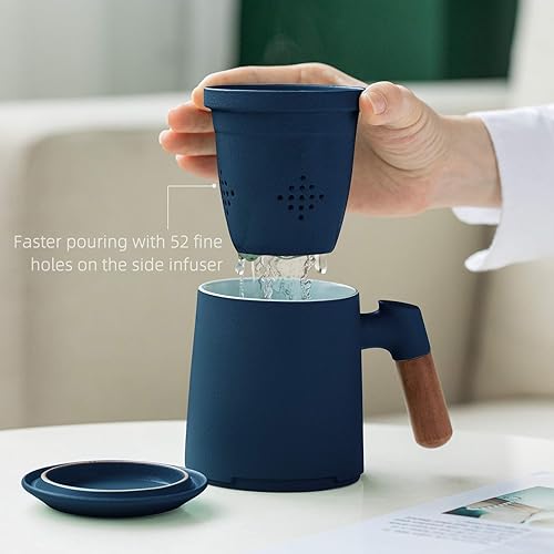 Miniatura 7 de ZENS Taza de té con infusor y tapa, 13.5 onzas, taza de té suelta en relieve degradado, taza de té de cerámica con mango de palisandro para regalos,