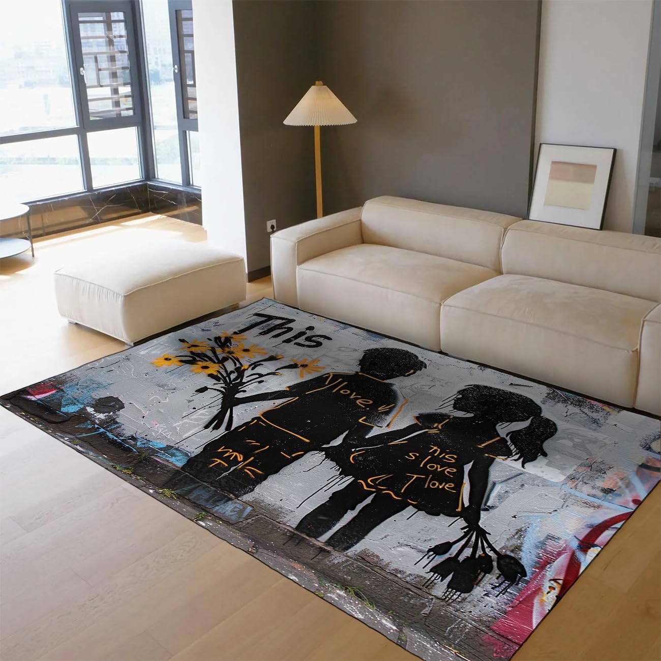 Tapis graffiti gris et noir rétro idéal pour une chambre de couple romantique
