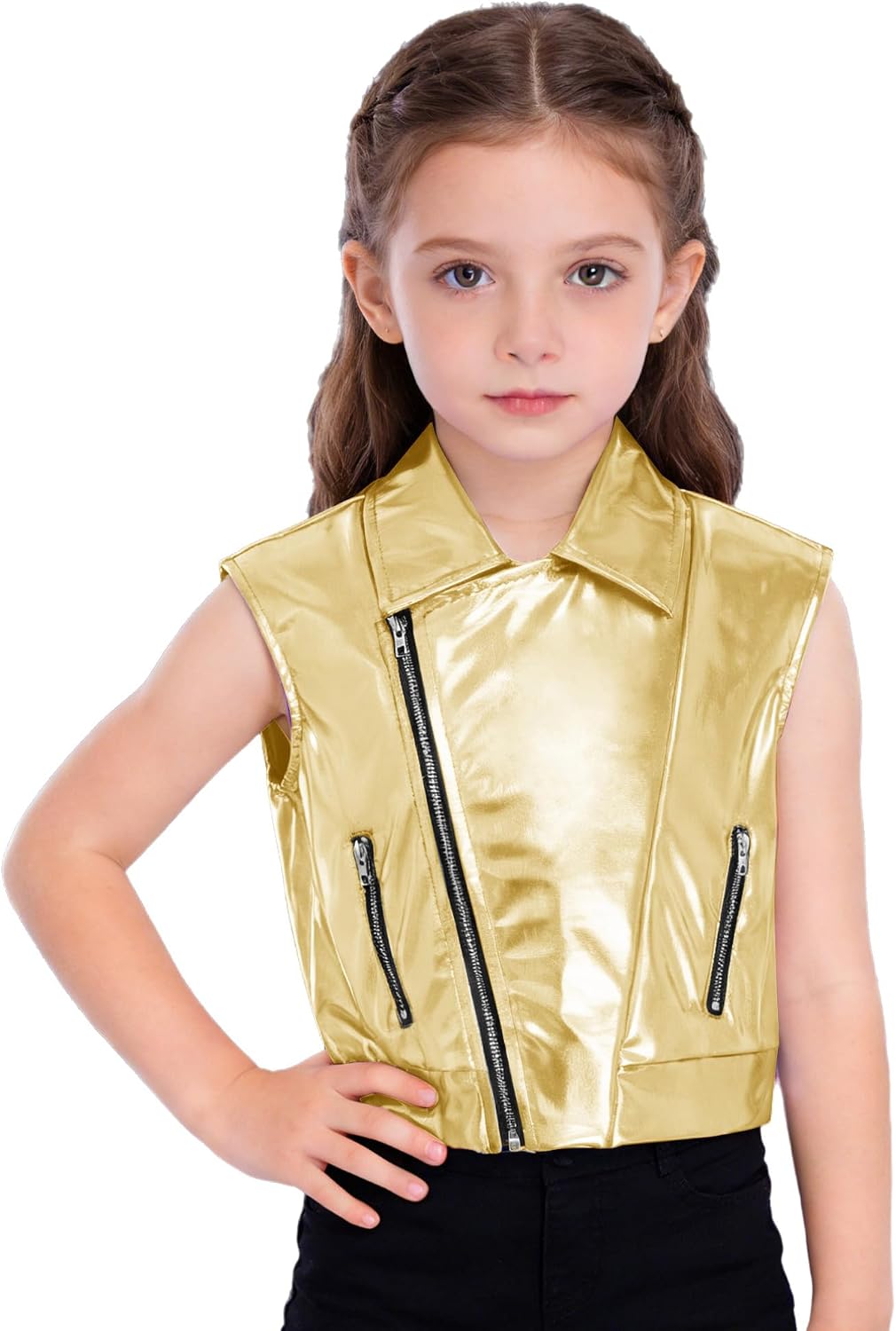 TiaoBug Girls Metallic Jazz Dance Tops Kids Waistcoat Shiny Zip Up Vest for Stage Performance Hip-hop