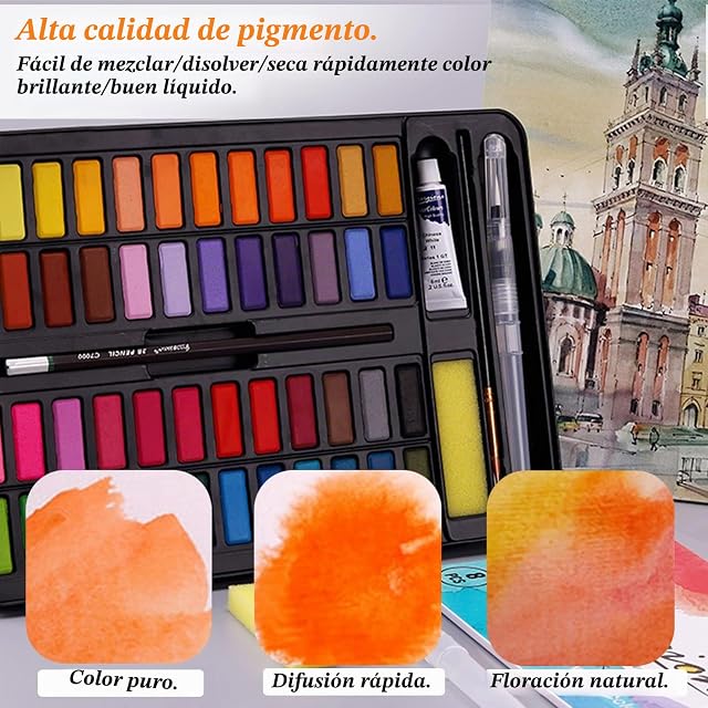 Foto 2 de 7 de JOTOL Set de Pintura de Acuarela - 48 Colores en Caja de Metal Con 8 Papeles de Acuarela