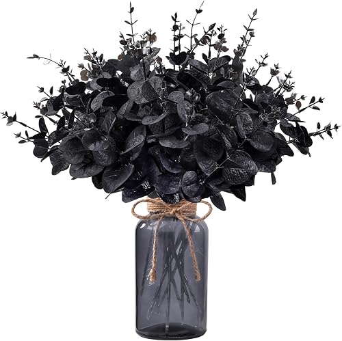 DIYDEC 12Pcs Black Eucalyptus Stems Flowers with Glass Vase for Table Decor | Fake Eucalyptus Stems Artificial Branches for Party Home Table Centerpieces Halloween Outdoor Indoor Decoration