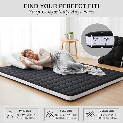 Miniatura 4 de Tiita Colchón japonés, colchón futón de 4 pulgadas de grosor con bolsa de almacenamiento y 2 correas, tapete de tatami para dormir tamaño individual