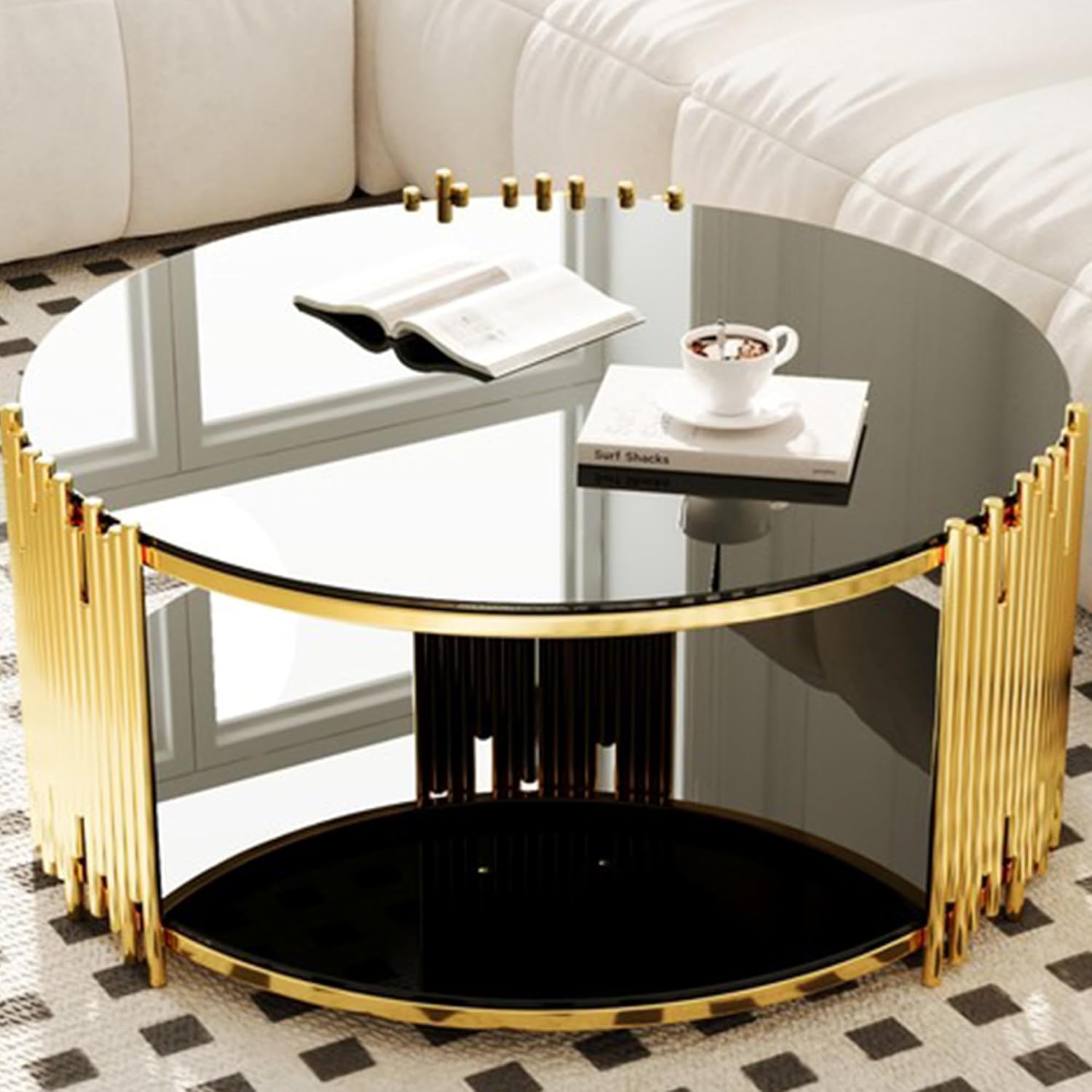 Modern Round Coffee Table, Luxury Black Gold Glass Coffee Table, 36" Center Table Living Room Table, Gold Stainless Steel Irregular Leg, Double-Layer Structure, Black Glass Desktop