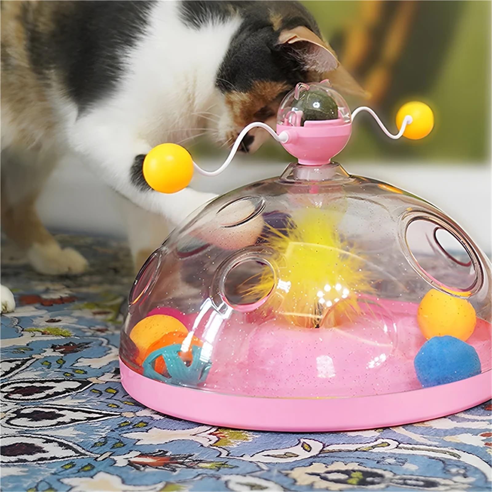 Juego de caja de juguetes para gatos, bola de hierba gatera, varita giratoria para interiores, juguetes interactivos para aliviar el aburrimiento (amarillo)