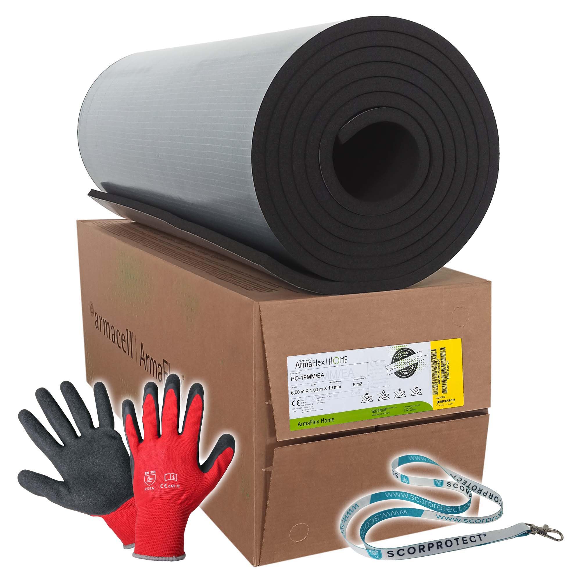 Armaflex Armacell original Home Kautschuk Platte selbstklebend (Nachfolger für die XG Platte) + rote Handschuhe (schwarz, Isolierstärke 19 mm, 1000 x 6000 mm)