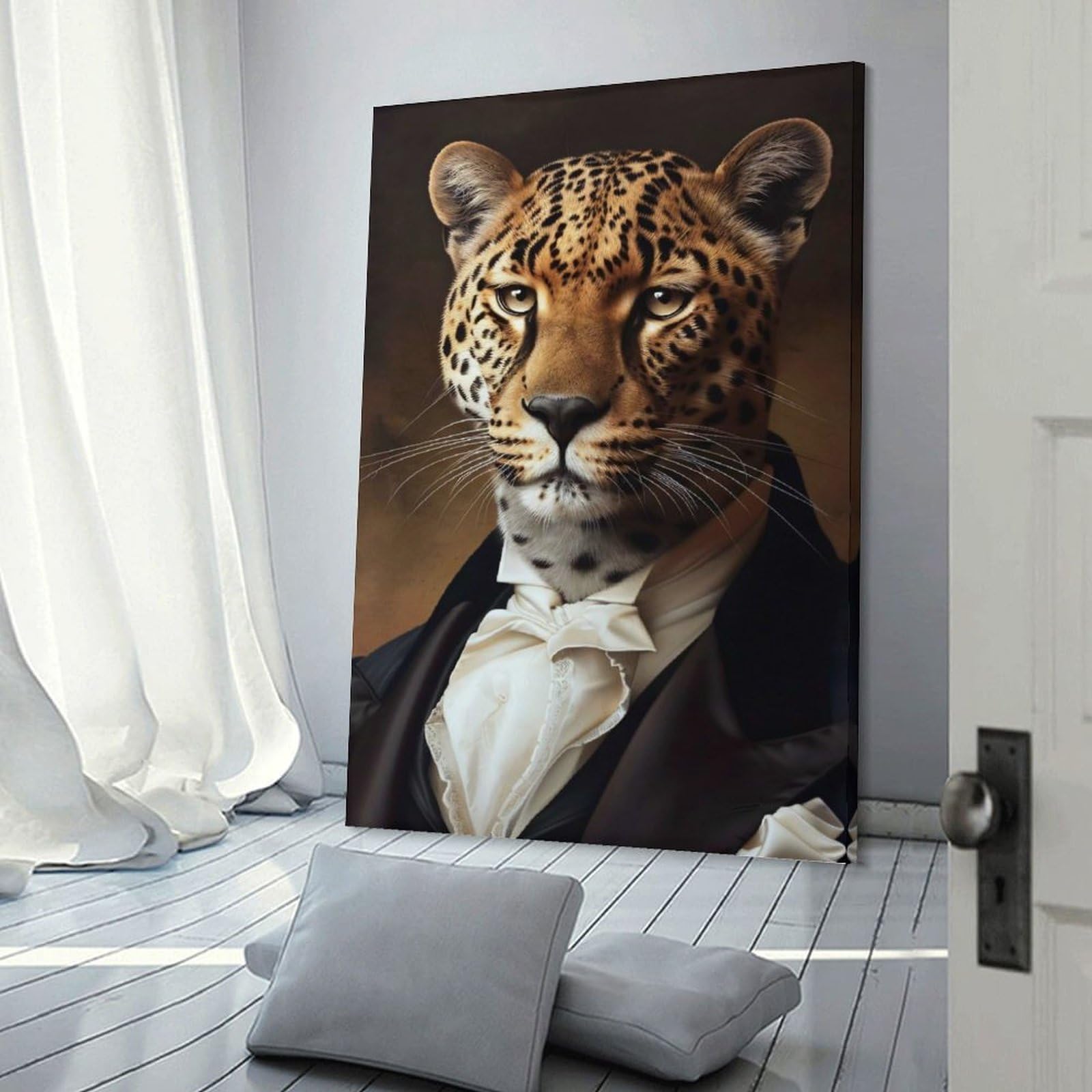 Junmoney Frame-Style-20 Leopard In A Tuxedo Portrait Wall Decor Canvas Print, 12X18inch(30X45cm), For Wall Displays, Bedrooms Or Room Updates, Wall Decor Suited To Curated Displays