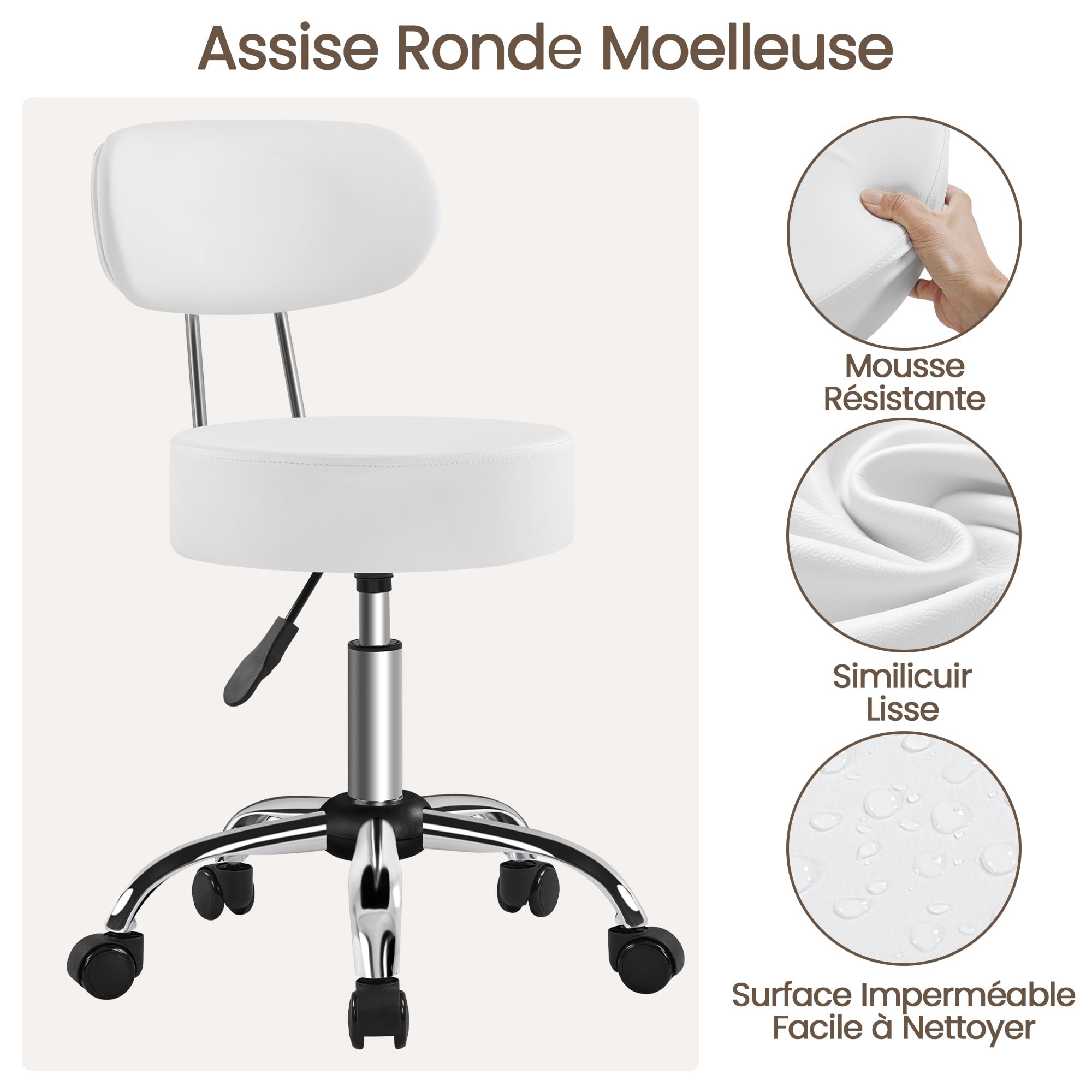 Tabouret de Bureau avec Dossier, Rotation 360°, Hauteur Réglable 75-84 cm, Siège Rembourrage 10 cm, Blanc