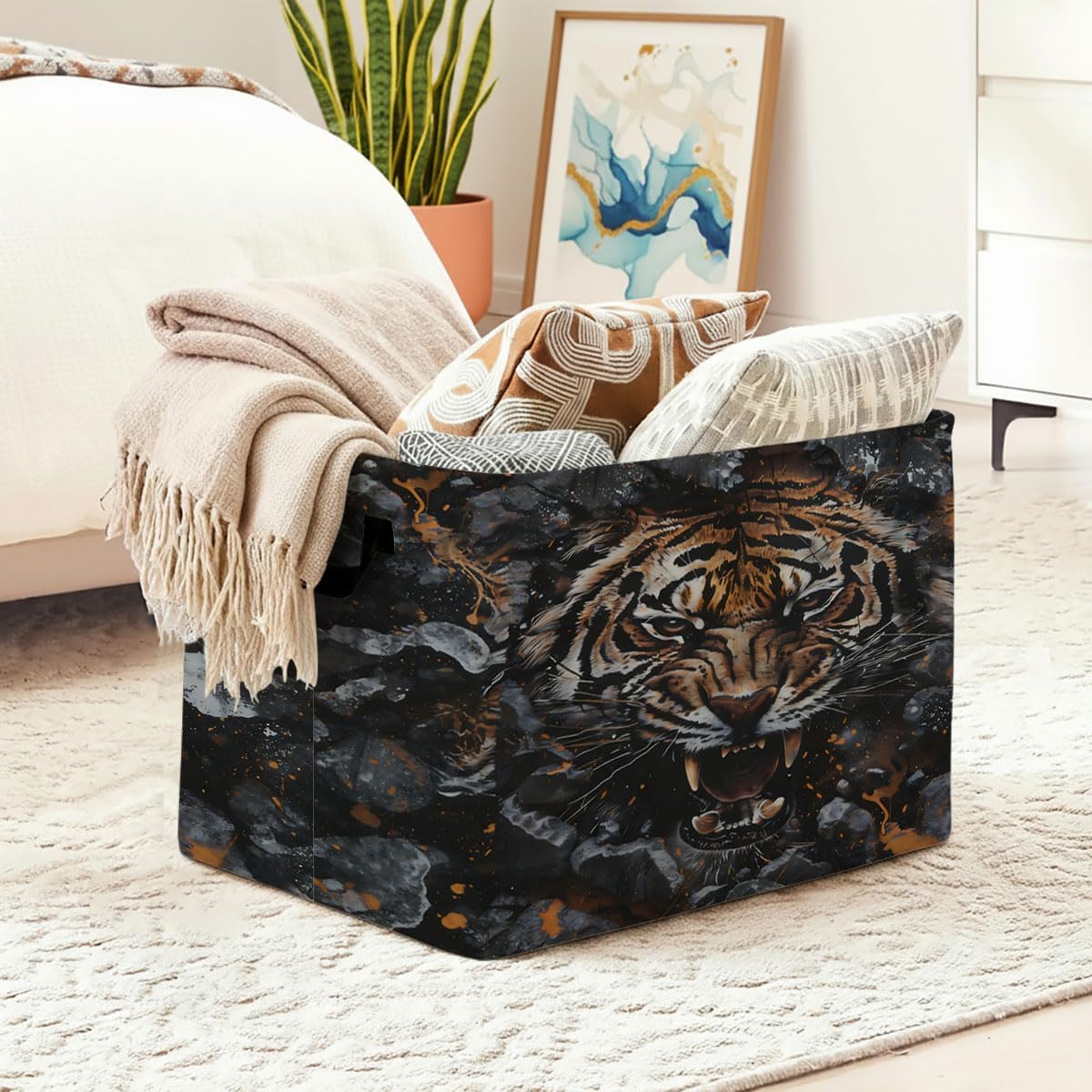 56L Tiger Rectangular Storage Bin,Laundry Basket Clothes Hamper with Handles,Foldable Blanket Storage Cotton Linen Laundry Hamper with Waterproof PE, Home Decor. image 2