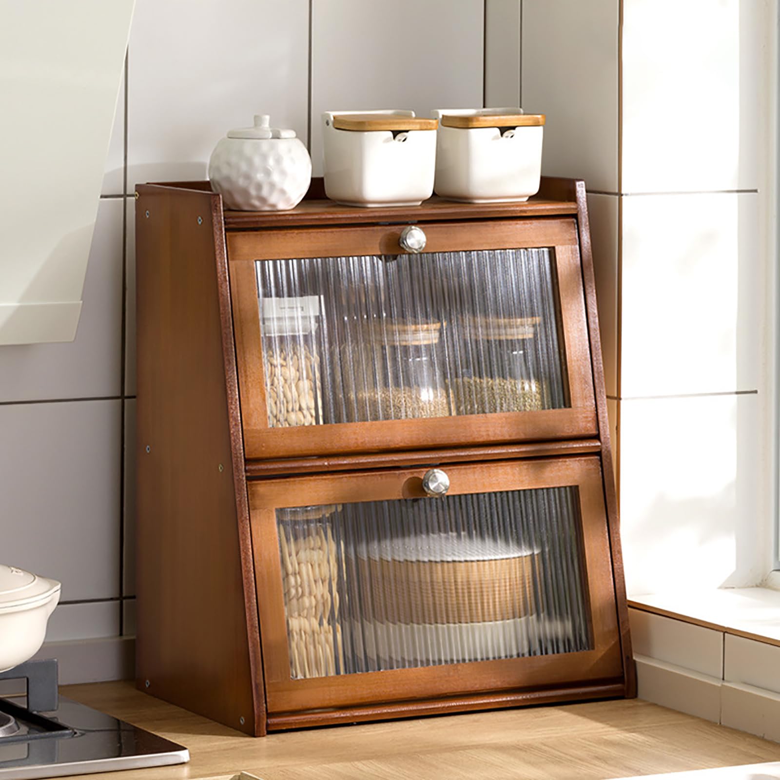 Piccola credenza in bambù da cucina per piano di lavoro, credenza per buffet, cucina, mobile da cucina con porta in acrilico, contenitore per spezie, utensili da cucina, tazze, oggetti di