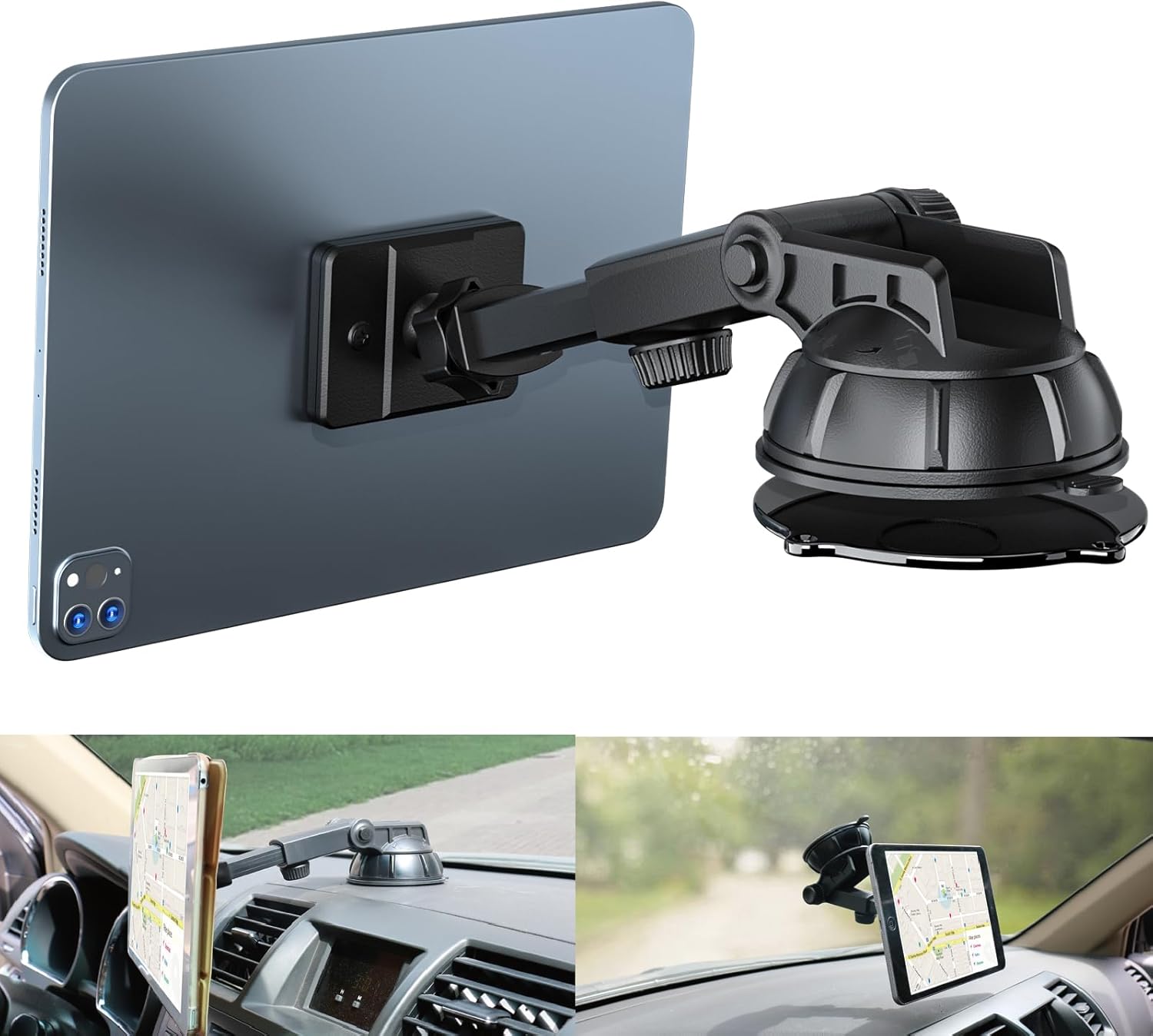 PLDHPRO Magnetic Tablet Holder for Car iPad Stand Mount Dashboard Dash Windshield Compatible 4″- 10″ Tablets and Phone，360° Rotating Super Strong Magnet TPU Suction Washable Robust Sticky Gel