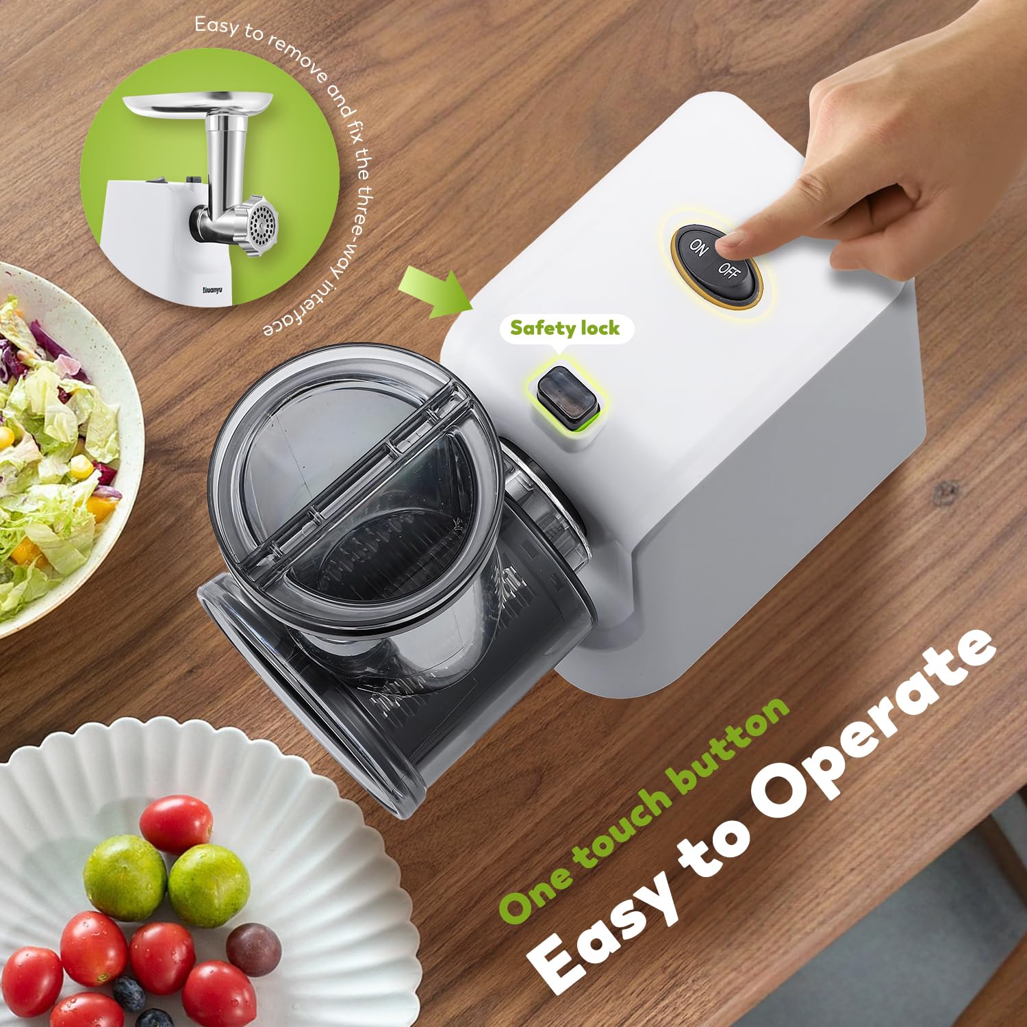 Huanyu Râpe à fromage électrique multifonctionnelle 5 lames 250W Râpe à légumes électrique et hachoir à viande Blanc