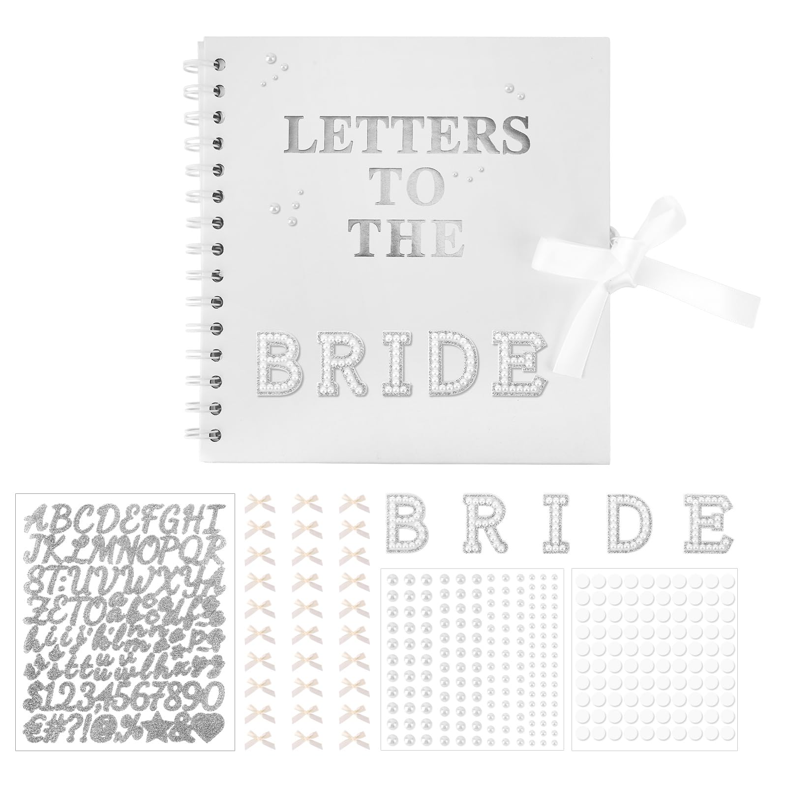 Penitue 21x20,5cm Kit Scrapbook Letters to the Bride, Libro Ricordi Nozze Libro degli Ospiti Bianco Sposa Album Fotografico con Adesivi Lettere Metalliche e Perle e Fiocchi Regalo Bridal Shower