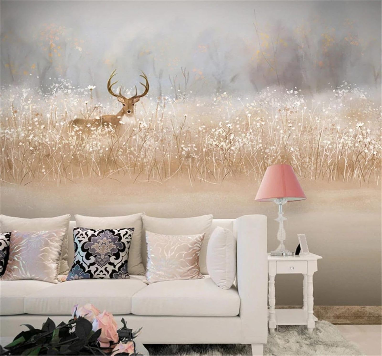 XLMING Hand Drawn Jungle Animals Reindeer Natural Scenery 3D Wallpaper Premium Textured Silk Study Dining Living Room Bedroom Sofa TV Wall Easy Install-400cm×280cm