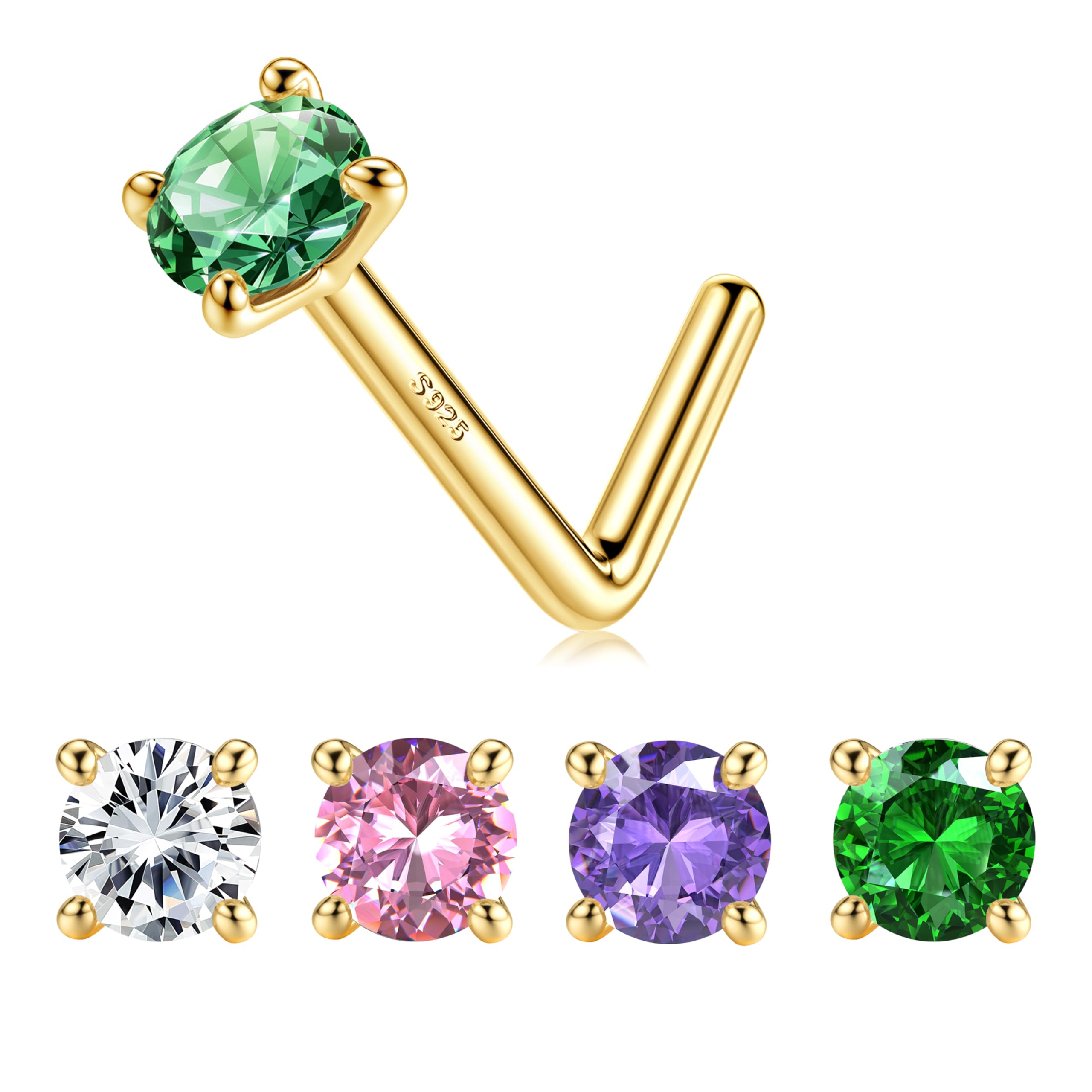 Dochais14K Gold Filled Sterling Silver L Shaped Nose Rings 20G Nose Studs Clear Colorful Diamond CZ Nose Ring Studs Hypoallergenic Nose Piercings Birthstone Jewerly for Women Men Gold Silver