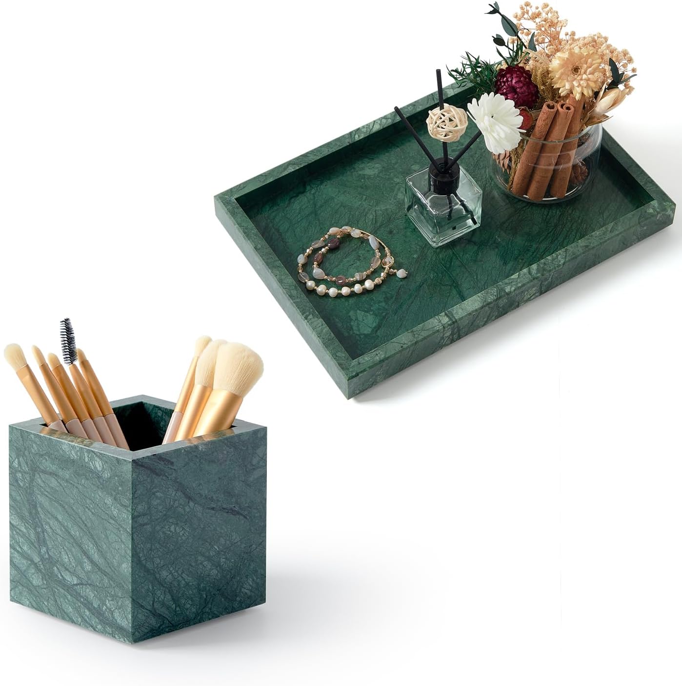Green Marble Tray & Green Marble Toothbrush Holder Set - Modern Bathroom Organizer